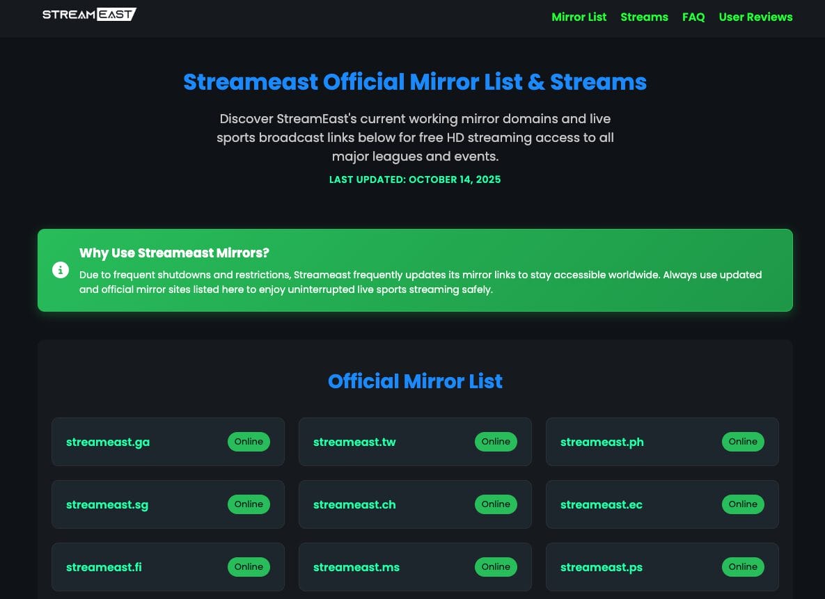 StreamEast Website of Mirrors