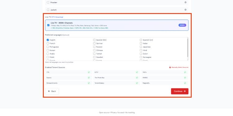 select live tv, language, and torrent providers