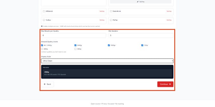 adjust max results, seeders, quality levels, and display style