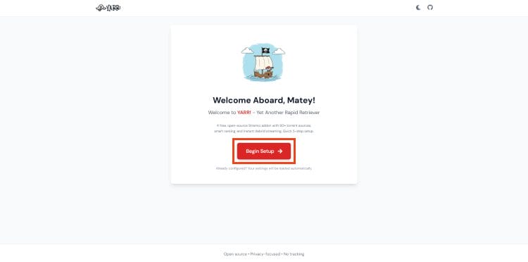 visit yarr official site and click begin setup
