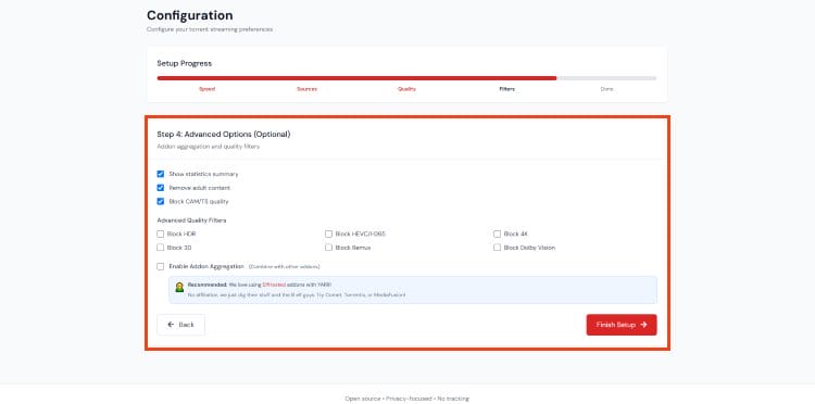 Adjust Advanced Settings and click finish setup