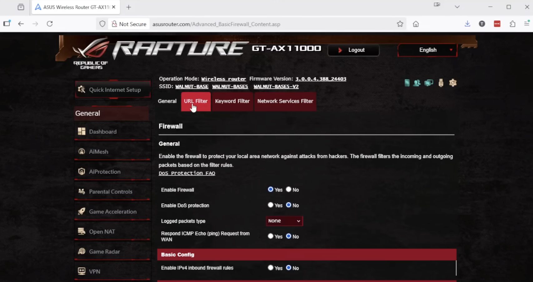Once you are logged in, click Firewall from the left menu, then find the URL Filter option.