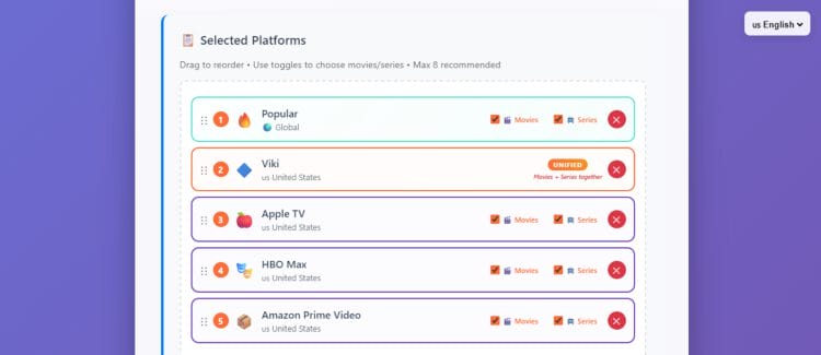 drag and drop order and toggle movies/series