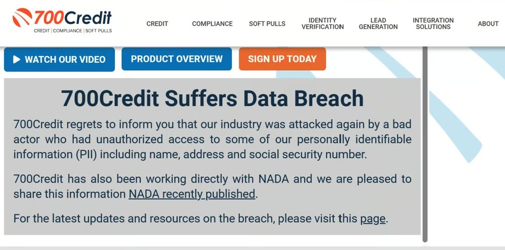 Data Breach Message on 700Credit Website