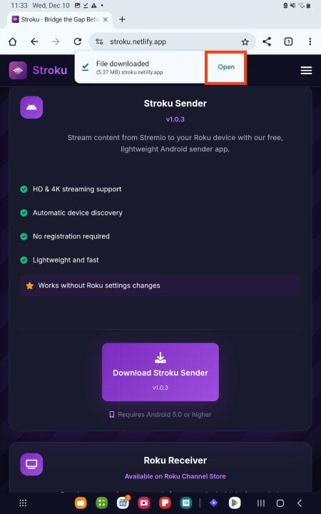 click open for stremio on roku