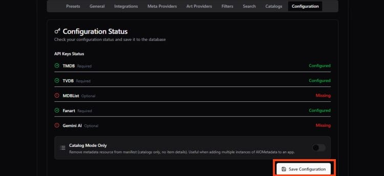select save configuration