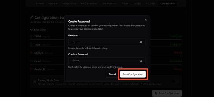 create a password and confirm. click save configuration