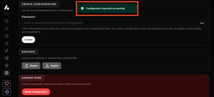 upload aiostreams file and success message appears