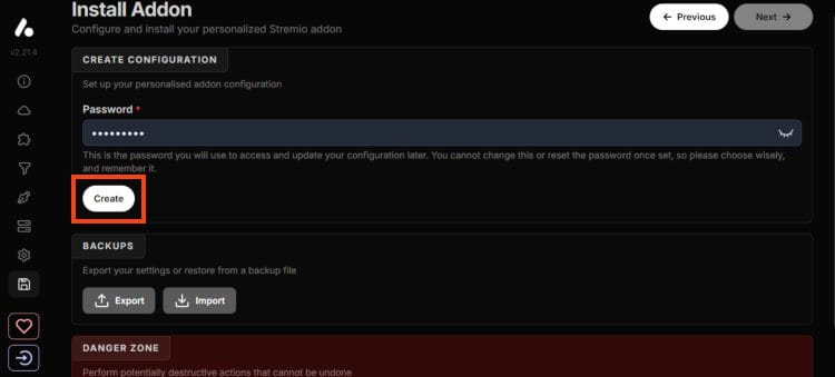 input a password and click create