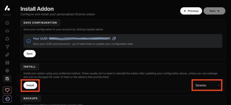 click install for aiostreams configuration