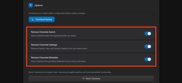 click toggles to remove cinemeta