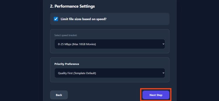 Adjust performance settings and click next step