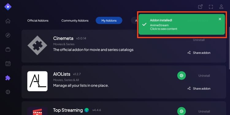 addon installed message appears