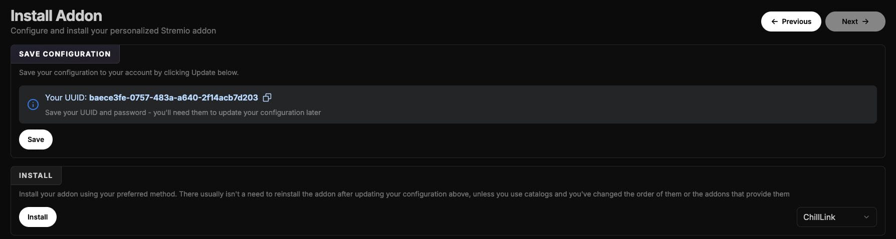 Then continue through the setup process until you get to the Install Addon page. You must choose the 'ChillLink' option under Install.