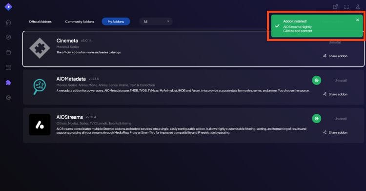aiostreams addon installed message