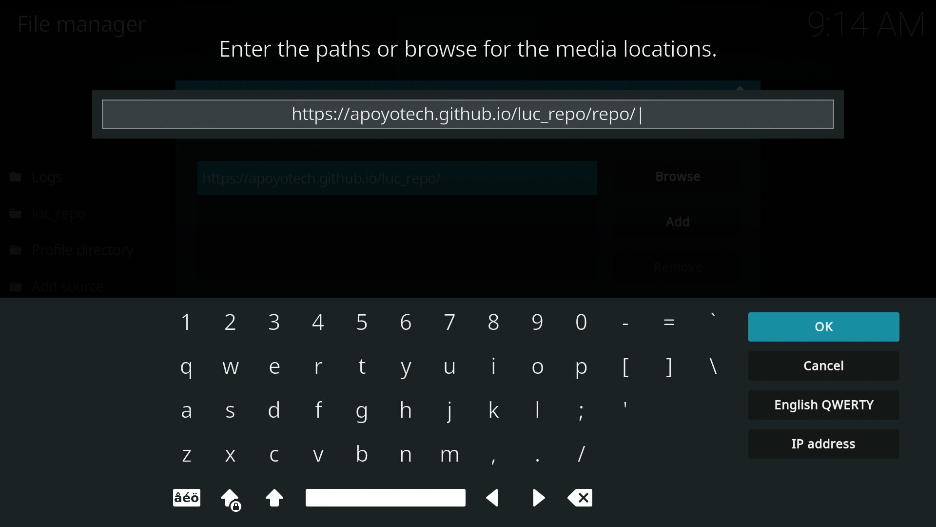 Type the following URL exactly how it is listed here - https://apoyotech.github.io/luc_repo/repo/ and click OK