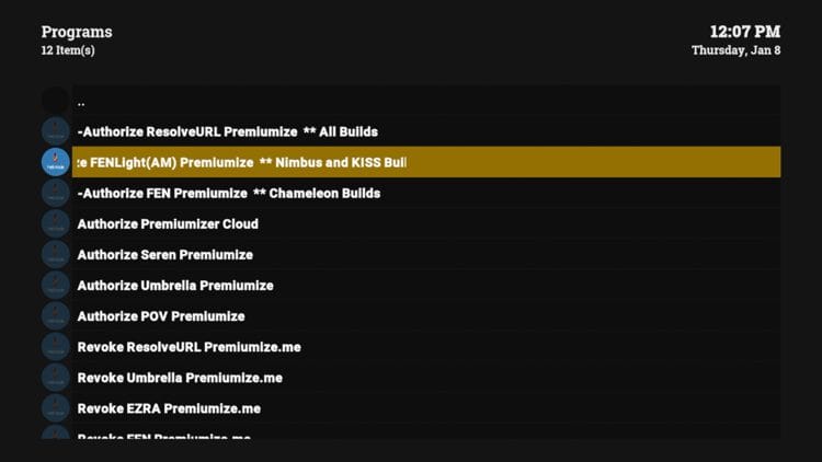 Select the option for Authorizing FEN Light (Nimbus and KISS build).