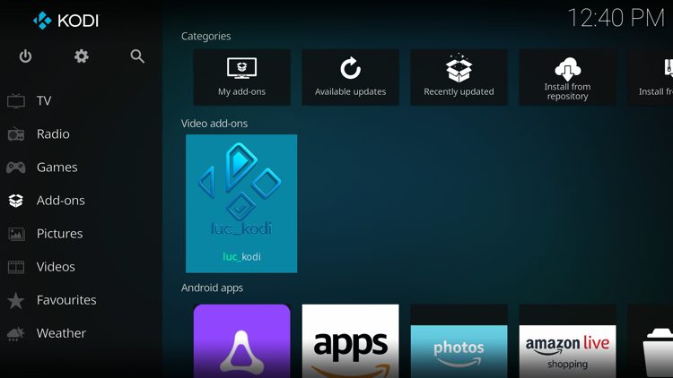 Then go back to the Home screen of Kodi and select Add-ons, then choose luc_kodi