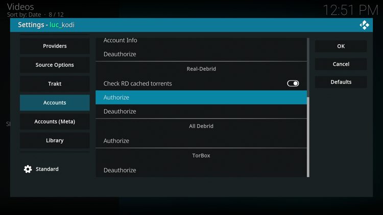 Hover over Accounts on the left menu and click Authorize under Real Debrid.