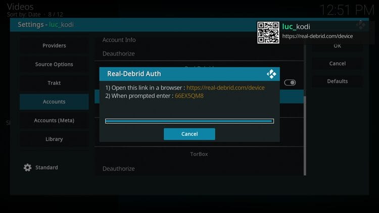 You are then provided with a Real-Debrid authorization code.