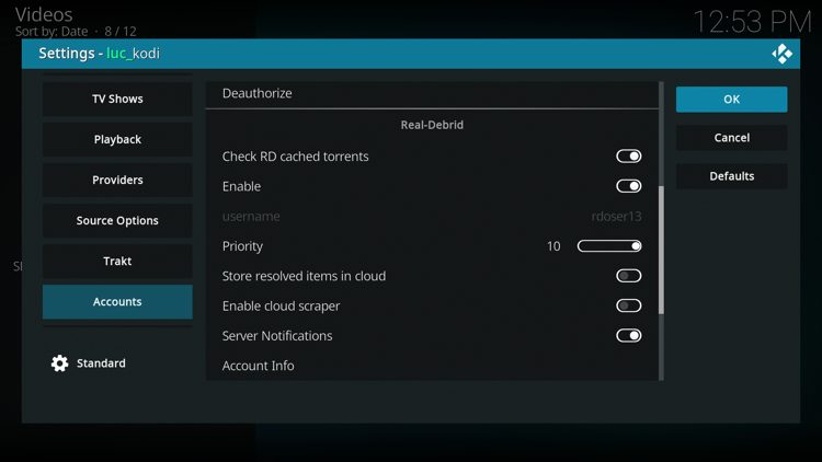 Return to Kodi and you should notice your account is now logged in. Make sure to click OK or this will not work properly.