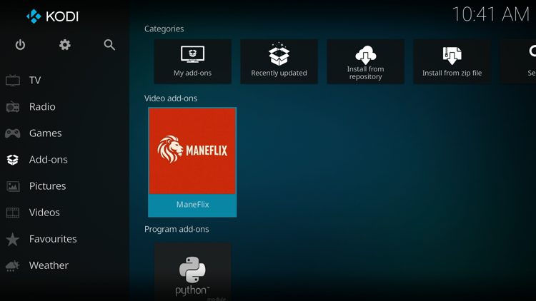 Then go back to the Home screen of Kodi and select Add-ons, then choose ManeFlix