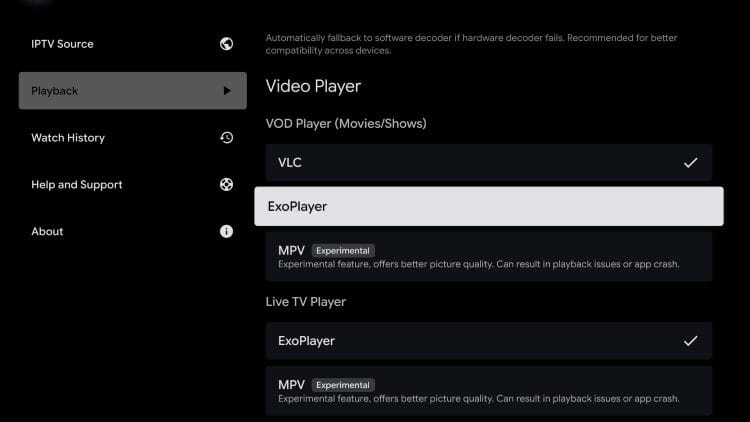 settings available