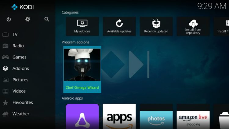 Return back to the home screen of Kodi, hover over Add-ons and click Chef Omega Wizard under Program add-ons.