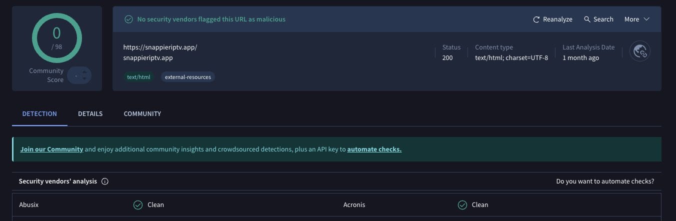 Snappier IPTV VirusTotal Scan