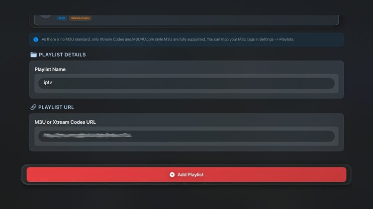 Then choose your preferred IPTV login method. The Snappier app offers logins for M3U or Xtream Codes. After entering your login credentials click Add Playlist.