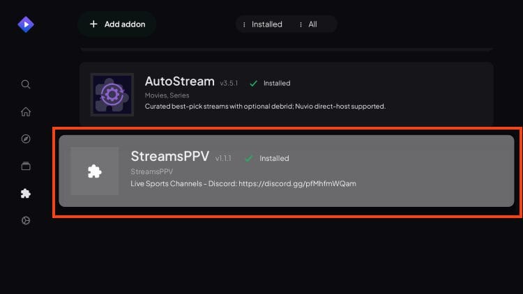 streamsPPV addon installed in your list