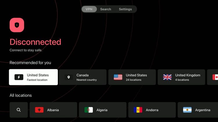 Once you are logged in you'll notice you are disconnected. We suggest clicking the "Fastest location" for a server.