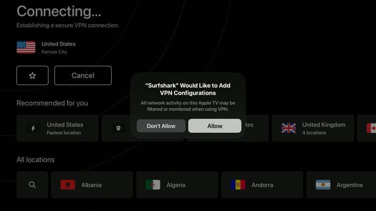 Click Allow when you receive this VPN Configurations message.