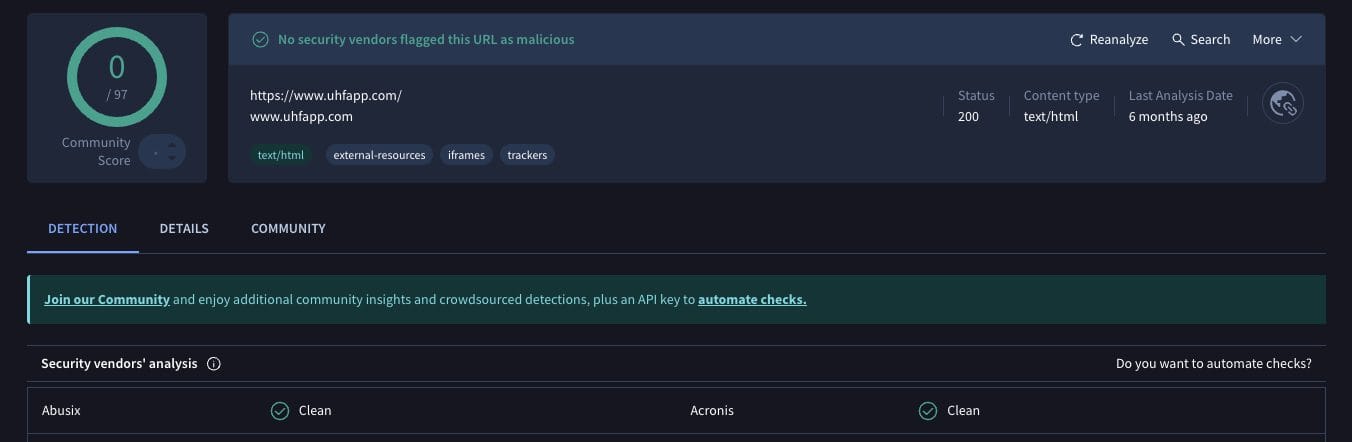 UHF App VirusTotal Scan