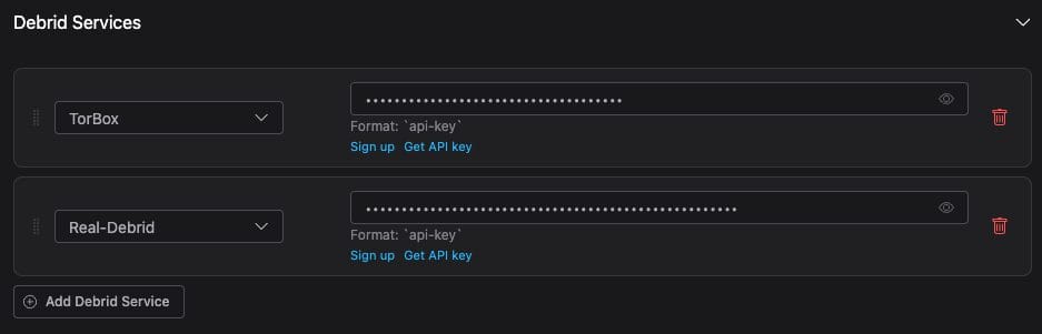 Next under 'Debrid Services' is where you will integrate your debrid service of choice and add your API Key for authorization.