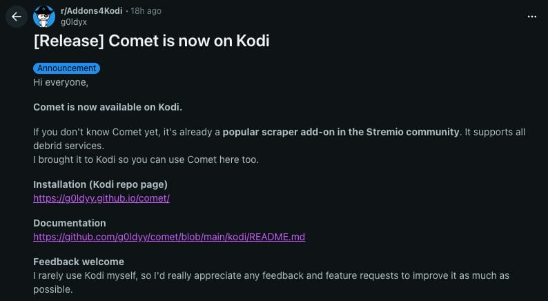 Popular Kodi Reddit Thread