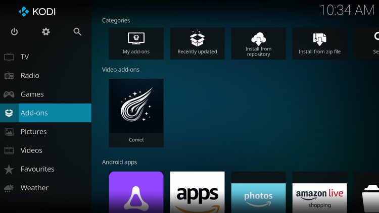 Go to the home screen of Kodi and select Add-ons from the left menu.