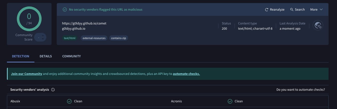 Comet Kodi Addon VirusTotal Scan