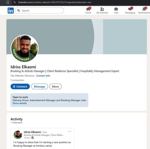 Idriss Elkasmi Falsk LinkedIn-profil