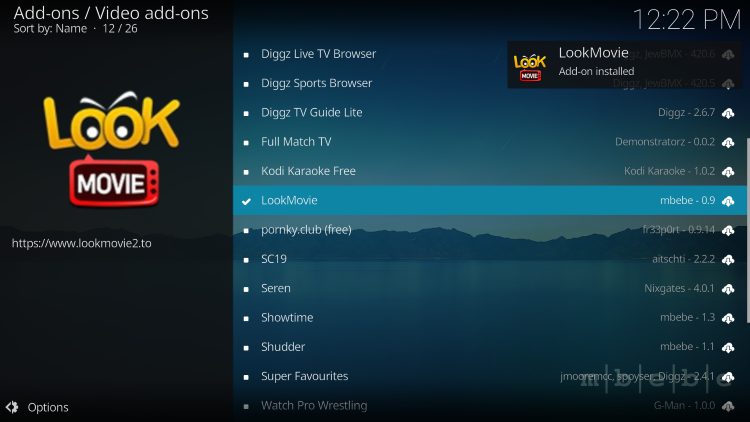 LookMovie Kodi Addon installed message appears