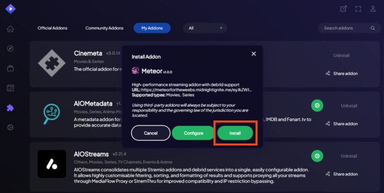 click install meteor stremio addon