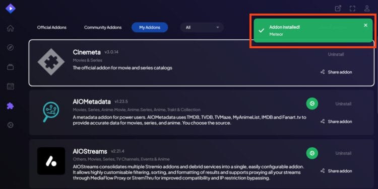 Meteor Stremio Addon installed message appears