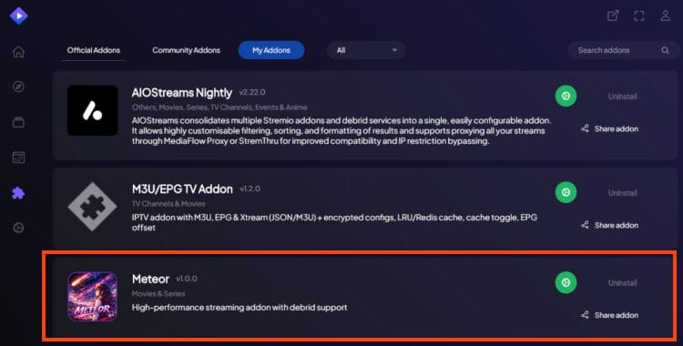 Meteor Stremio in addons list