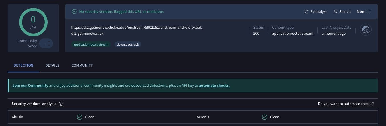 OnStream APK VirusTotal Scan
