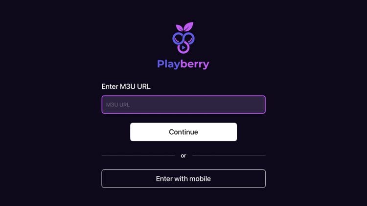 Start appen og skriv inn nettadressen til M3U-spillelisten din. Klikk deretter på Fortsett når du er ferdig.