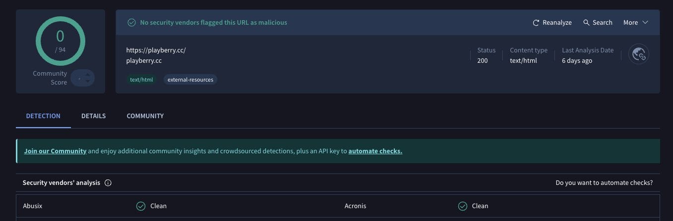 Playberry VirusTotal Scan