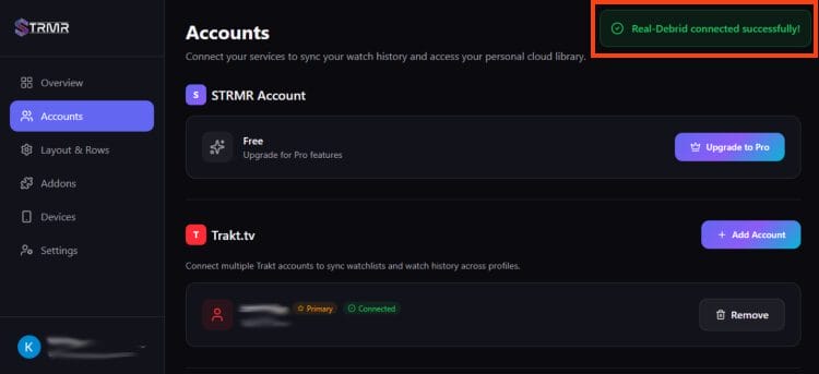 debrid success message appears
