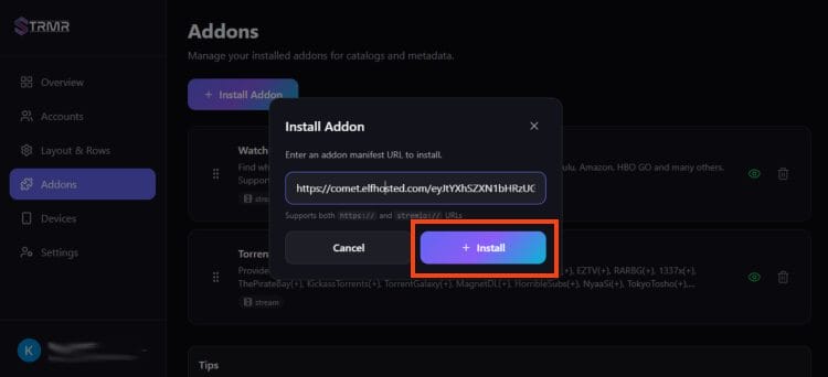 input addon url and click install