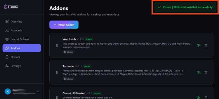 addon installed success message will appear