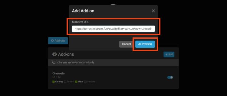 Input your Addon URL